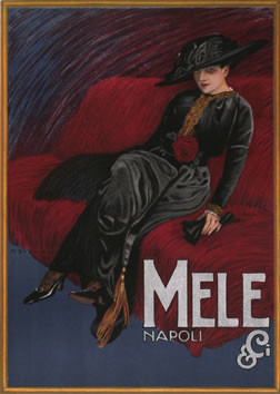 Woman in big hat rests imperiouisly on couch; black, red, blue