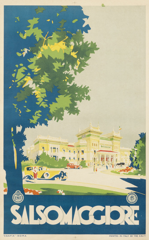 cars and people pulling up to the Thermae baths; blue, green, yellow
