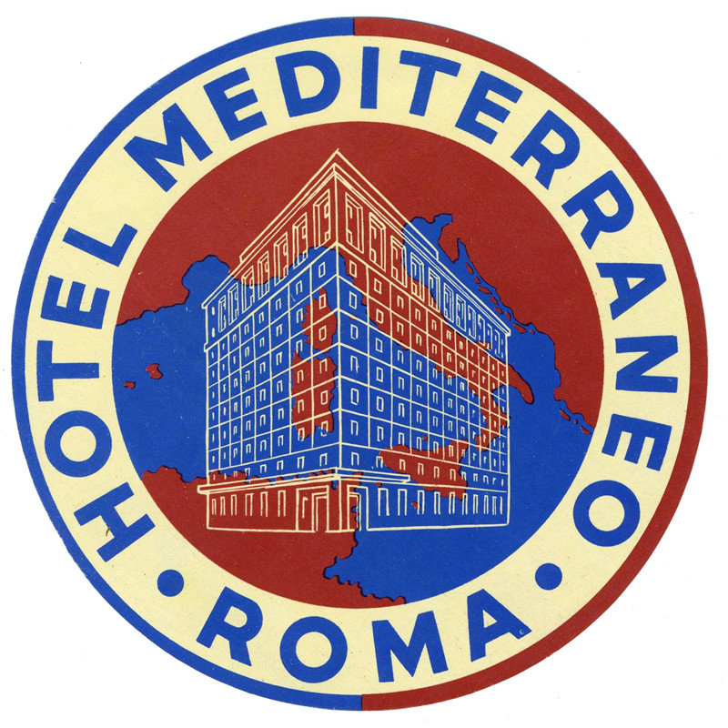 Hotel superimposed over a map of Italy; red, blue, white