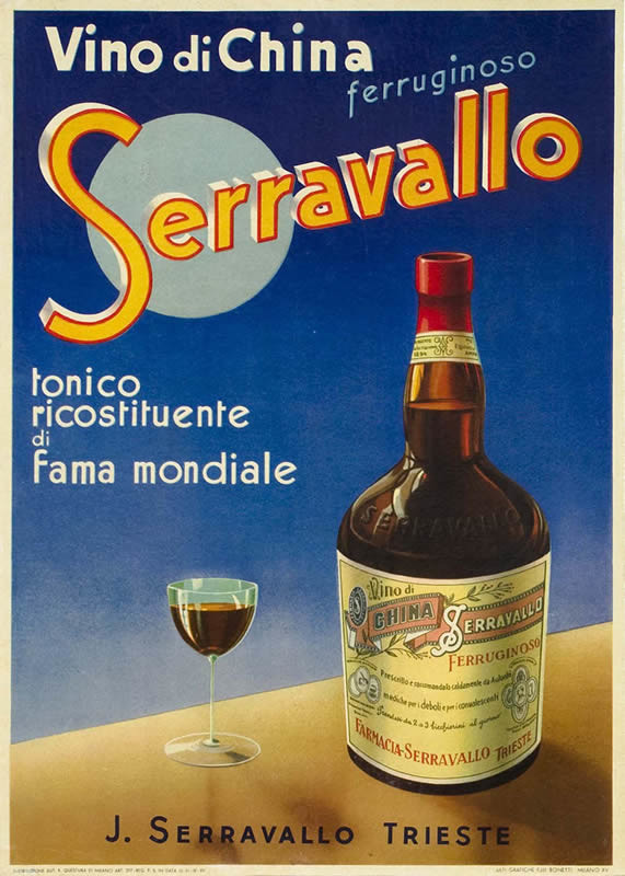 Bottle of liquor and glass, moon and blue sky in background; blue, orange, red