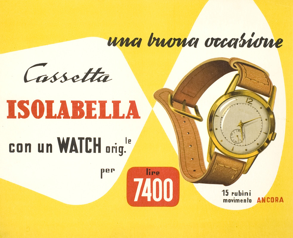 Italian watch with  leather strap, color forms; brown, yellow, white, red
