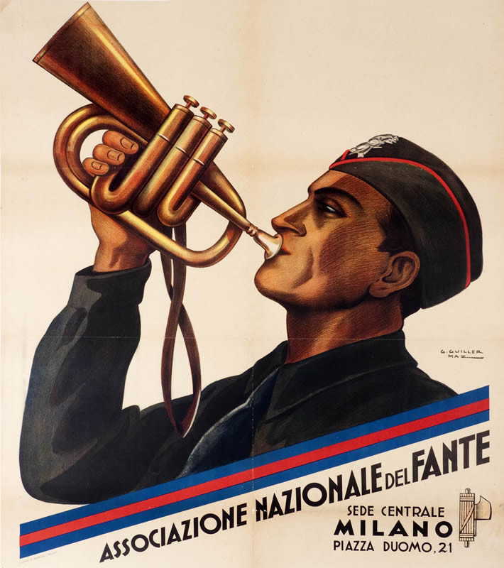 Man in military uniform blows bugle; blue, gray, brown