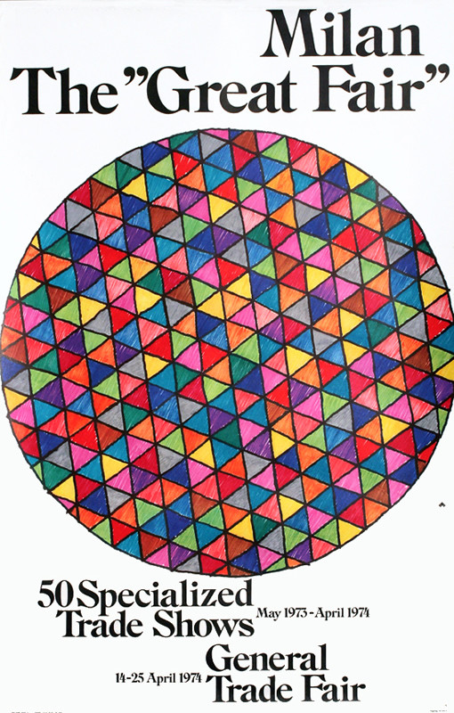 MULTI-COLORED TRIANGULAR DESIGN IN CIRCLE; red, pink, purple, green, yellow, black, white