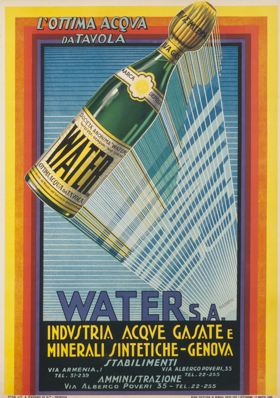 ottle of mineral water w/ speed lines; green, orange, purple, yellow, blue