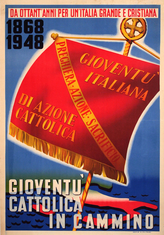Flag over country of Italy with Italian flag colors, Catholic religion; red, blue