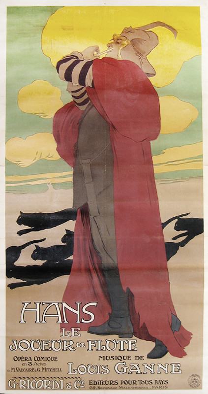 Man playing flute with cats running behind him; tan, green, red, yellow, black