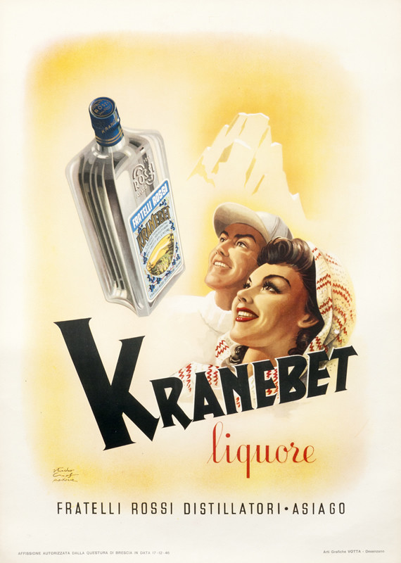 Handsome couple in mountains look at bottle; GOLD, BROWN, RED, B/W