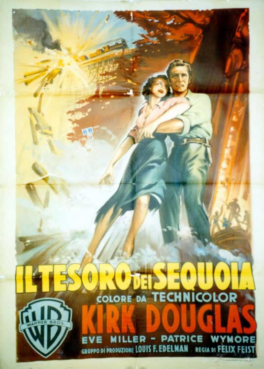 Kirk Douglas, woman, train explosion, fire, guns, water; yellow, blue
Warner Brothers