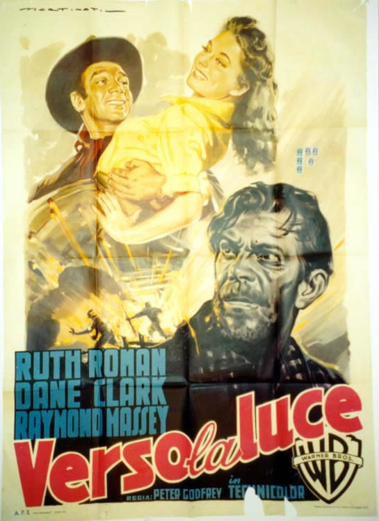 Man holds woman, Raymond Massey stares; crimson, blue, yellow, brown