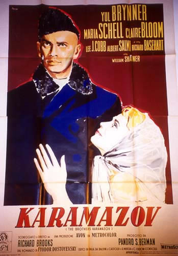Steadfast hero (Yul Brynner) with adoring heroine Also Maria Schell Clare Bloom, William Shatner; maroon, yellow, blue, black