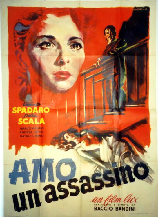 Woman crying, woman dead, man at railing; red, blue, yellow