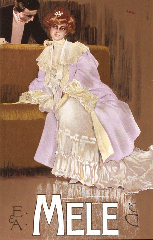 Woman in pink dress sits, attentive man behind her; tan, pink, pastel