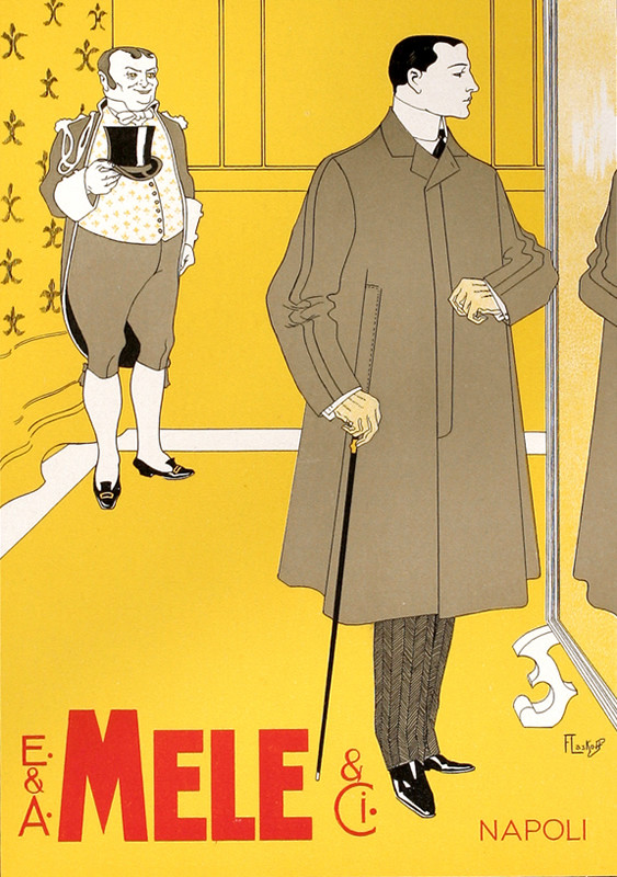 Aristocrat tries on coat in mirror as servant looks on; yellow and black