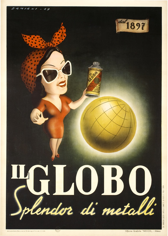 Woman in tight red dress, globe and bottle of Globo metal polish; red, black, gold, white