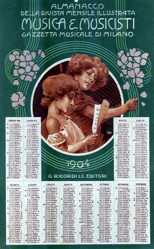 Calendar featuring two women playing the harp and singing; pink, green