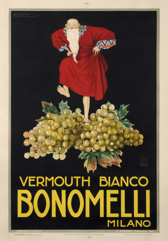 Bearded man stomps grapes; red, black, green, yellow