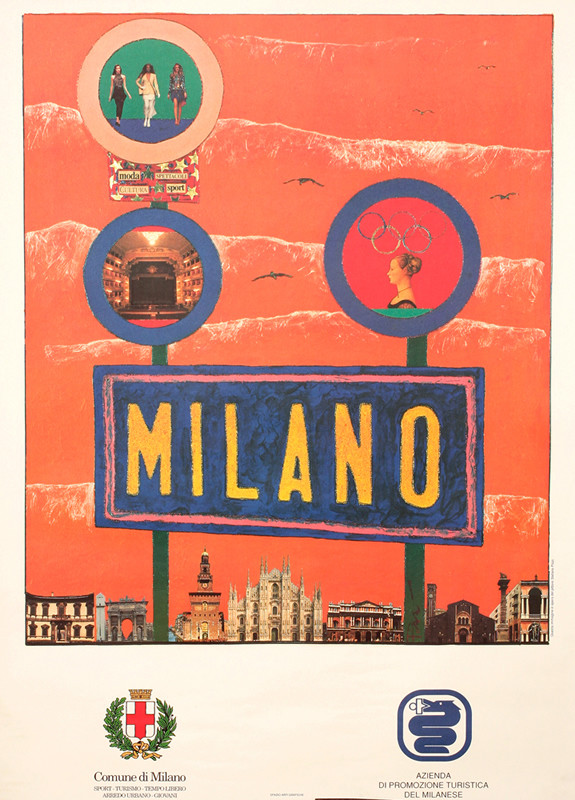 Famous landmarks of Milan with billboard; orange
