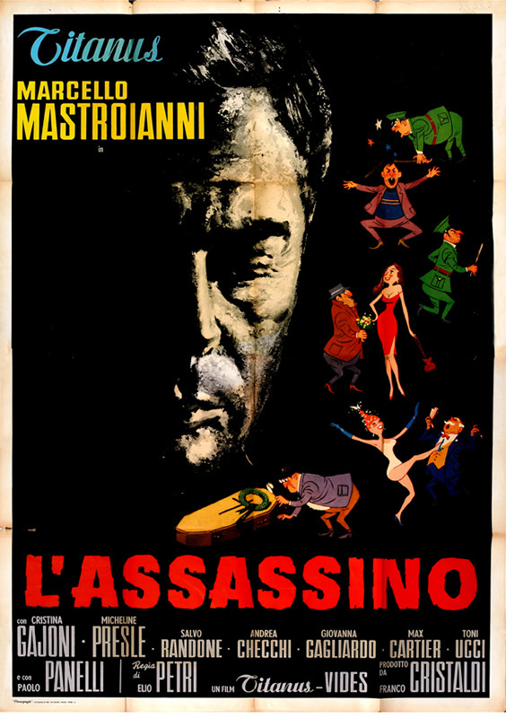 shadowed realistic face surrounded by anecdotal animated figures, Marcello Mastroianni; red, black, gray