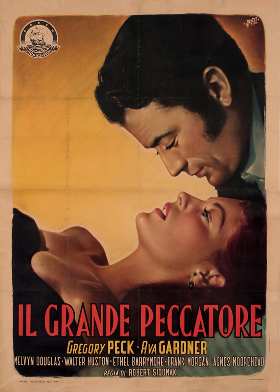 Gregory Peck over a reclining Ava Gardner; yellow, tan, black, orange