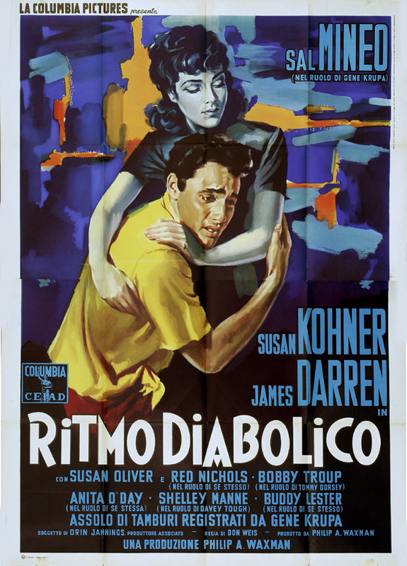Susan Oliver embraces Sal Mineo; blue, yellow, orange
