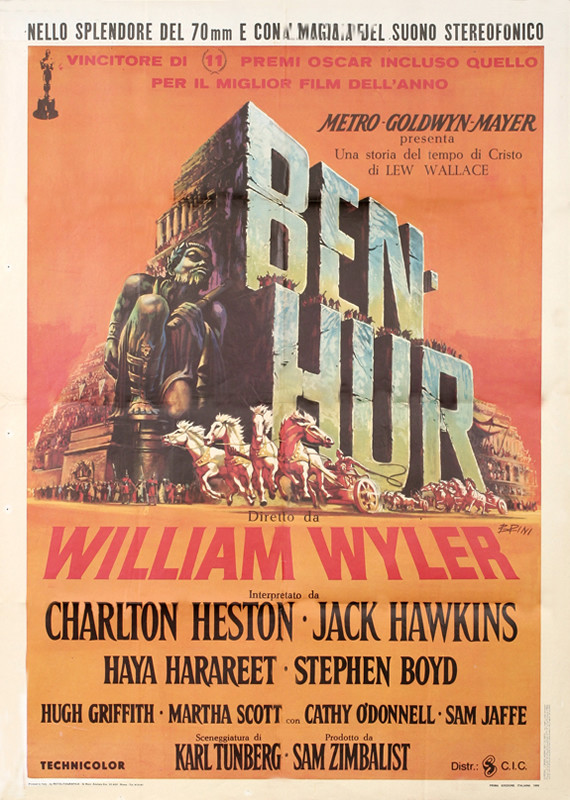 Large stone letters spell out title, surrounded by chariot race; orange, blue, gray, white