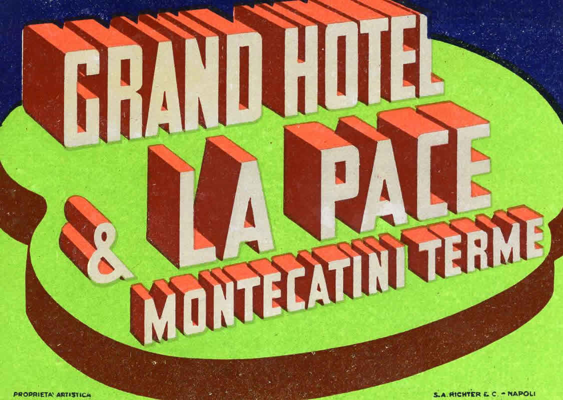 Block like letters "Grand Hotel & La Pace Montecatini Terme"; green, blue, orange