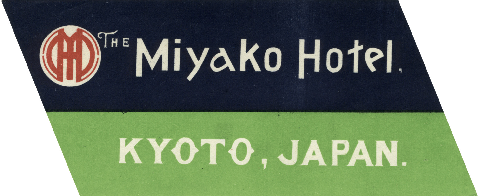 Text in two bars with hotel logo at left; green, blue, red