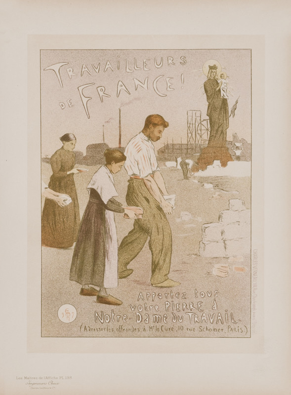 Workers carry stones; brown, mauve