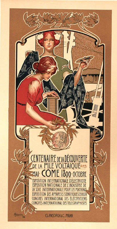 Two women, power lines, battery; brown, blue, green