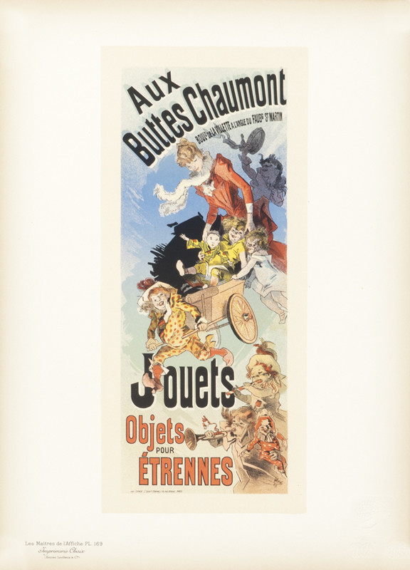 Woman pushing cart with children in clown costumes, instruments; blue, red