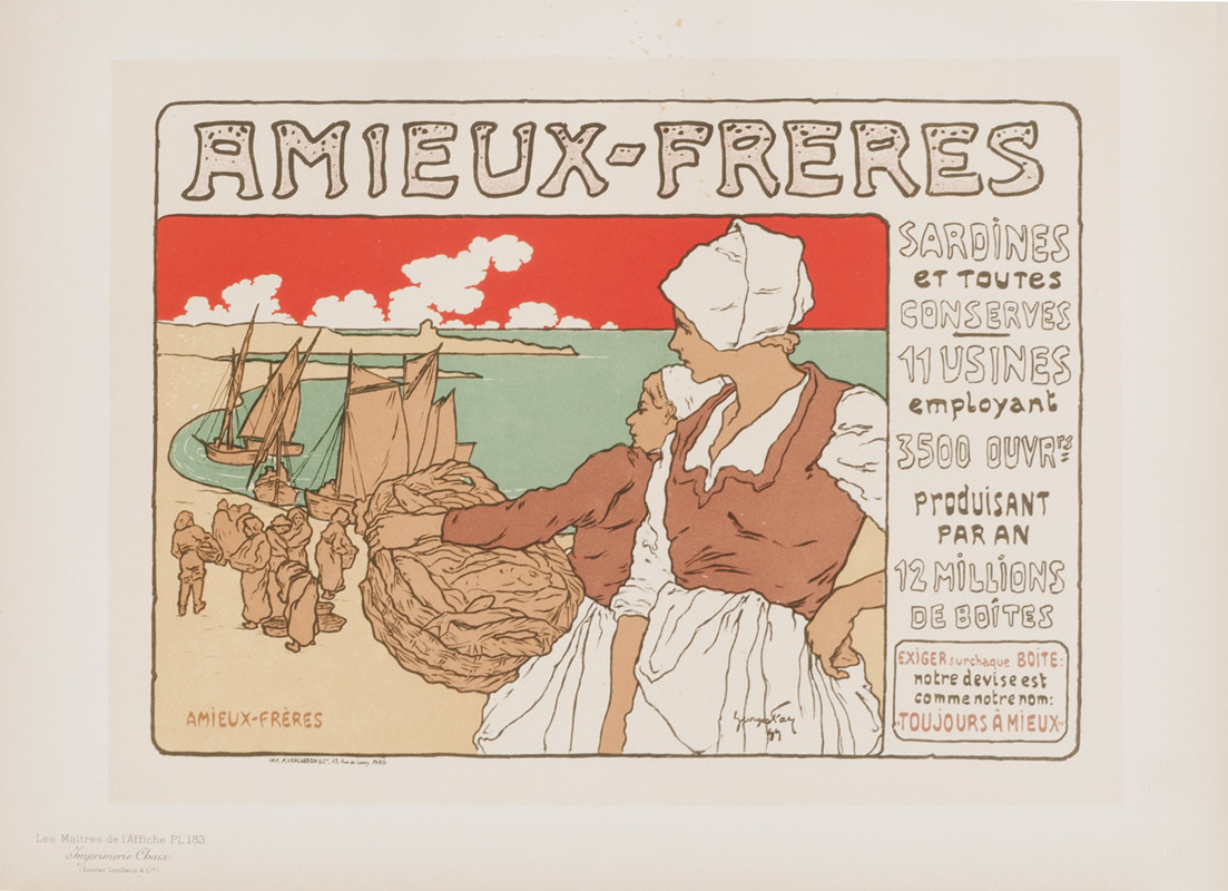 Women on shore with baskets of fish; red, green, brown