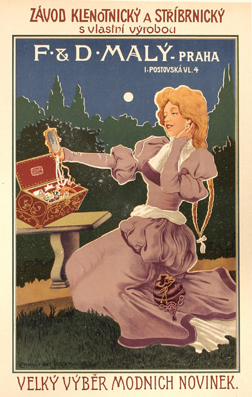 Woman with chest of jewelry; blue, purple, green