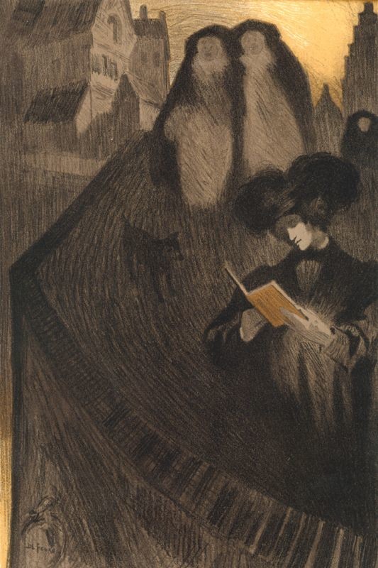 Man reads as nuns and dog approach; black, brown, gray, orange