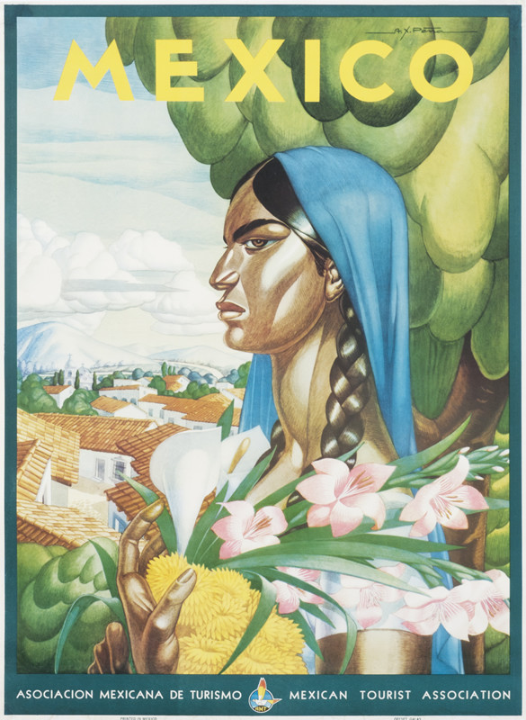 Woman carrying flowers with village and mountains behind her; green, blue, yellow, pastel