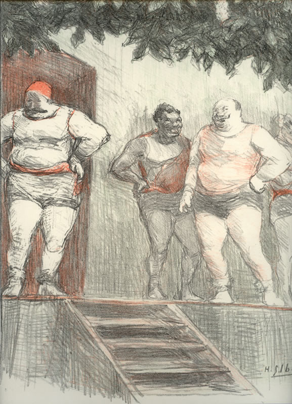 Four rotund figures behind the stage; black, white, sanguine