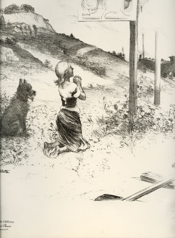 Woman kneels at foot of Mucha poster, railroad forms cross; black, white