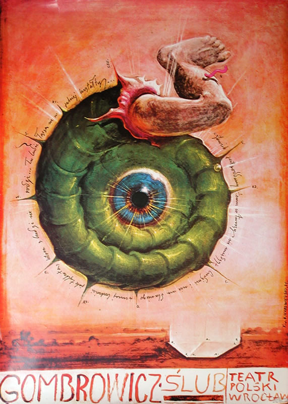 Leg in flesh-eating coil with eye at center; green, orange