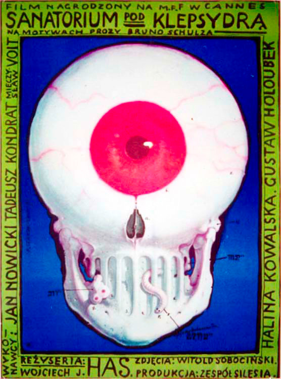 Skull morphed with eyeball with worms within; blue, green, red