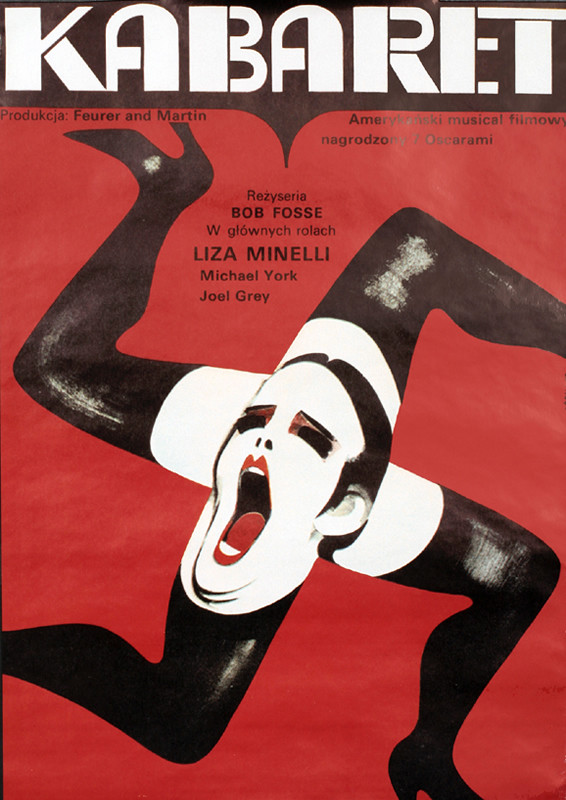 Multi-legged figure singing and cartwheeling in stockings; red, black