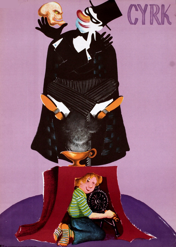 Boy works gears underneath magician holding skull; pink, purple, black