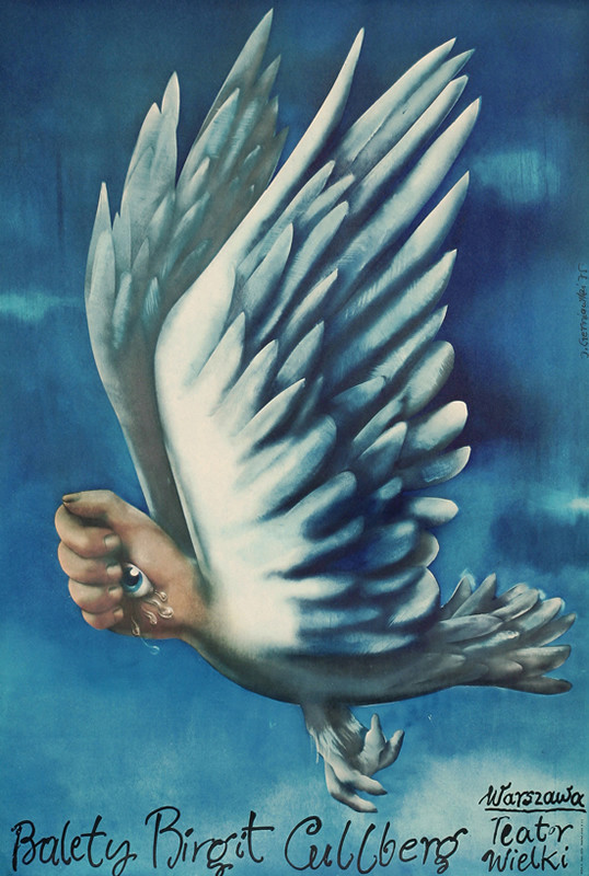 Flying bird with fist and eyeball in place of head; blue, white