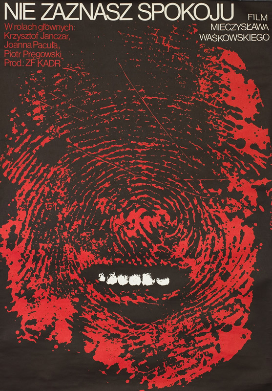 Red finger print resembling a face with teeth on black background; red, black, white