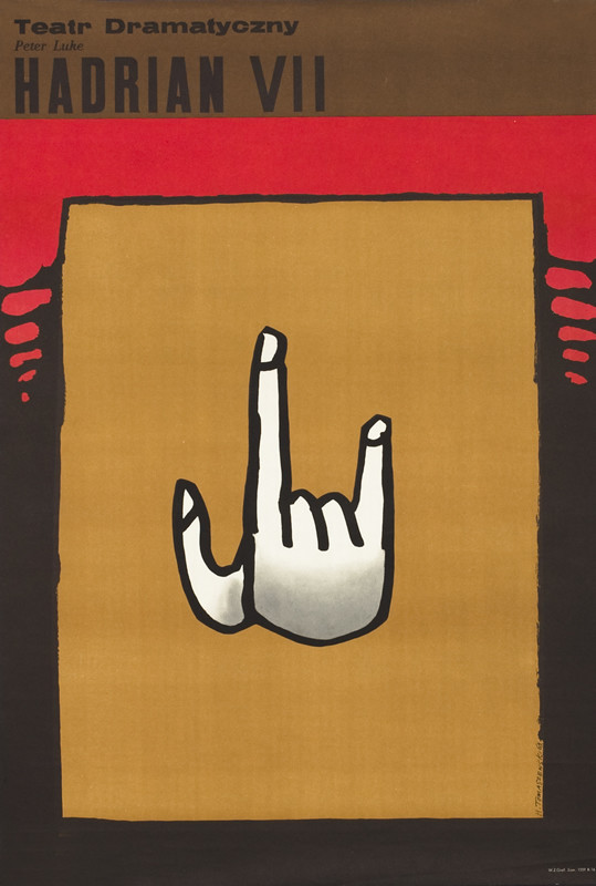 Hand with two fingers and thumb showing on wall; red, brown, black