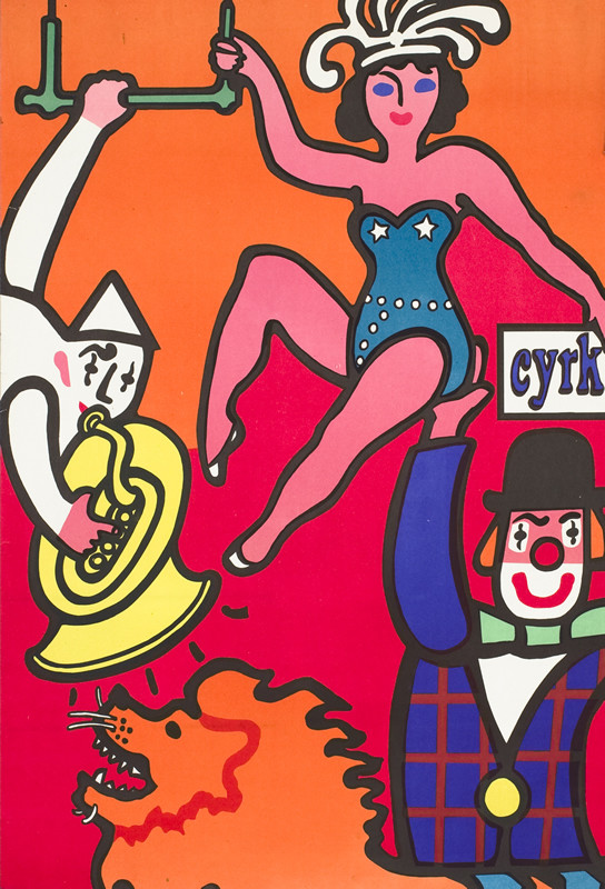 Clown, trapese artist, tuba player, and roaring lion; orange, red, blue, yellow