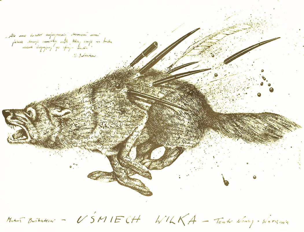 Running wolf is impaled with quill pens; black, white