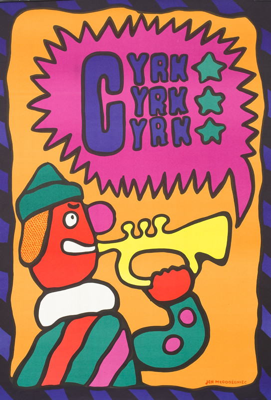 Clown plays trumpet, sound bubble reads 'Cyrk'; red, purple, orange, green