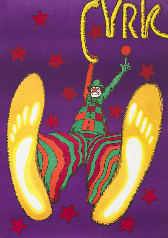 Clown swings from 'C" of Cyrk with feet facing the viewer; purple, yellow, green, red