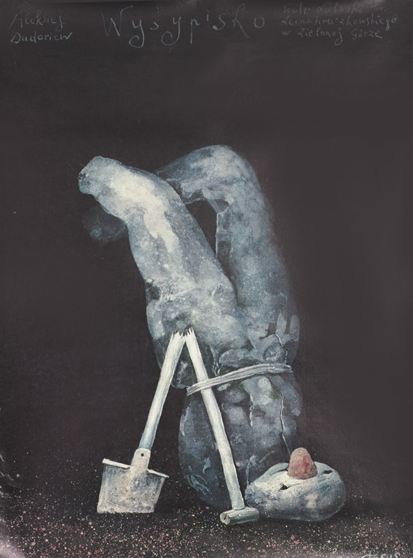 upside down bound and crumpled figure with broken shovel; brown, blue, gray