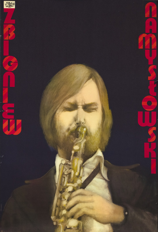Close up of Zbigniew Namyslowski with 70s hairdo playing alto saxophone; black, brown, peach, gold