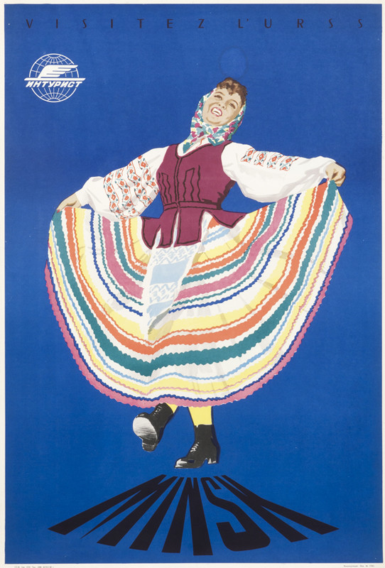 Woman in colofrul striped garb; blue